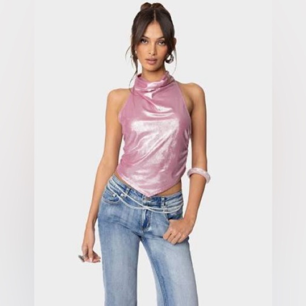 Edikted Shiny Backless Cowl Neck Top
